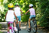 Children cycling in park