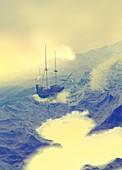Ship on rough sea, illustration