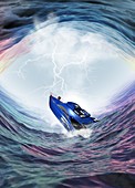 Power boat sinking in whirlpool in sea, illustration
