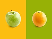 Apple and orange against yellow and green background