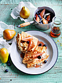Spelt Crepes with Poached Pear and Blueberries