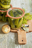 Gherkins with pickle dill, bay leaves, salt, juniper berries and vinegar