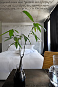 Blick über Tisch mit Vase und Blätterzweig auf doppelbett mit weißer Bettwäsche vor Betonwand