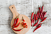 Red chili peppers, whole and cut