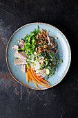 Rice noodle salad with crispy onions and steak strips