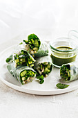 Rice-paper spring rolls with moringa green goddess dressing