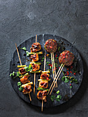 Chicken thigh and spring onion skewers, Tsukune chicken meatballs (Japan)