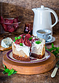 Blue cheese cheesecake with red wine poached pears