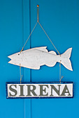 Sign and wooden fish hung on blue wall