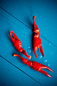 Red crayfish on a blue wooden surface (seen from above)