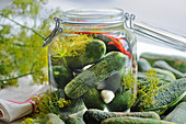 Pickles with peppers, garlic and dill in a flip-top jar