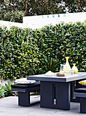 Modern gray furniture on the terrace with hedge and wall