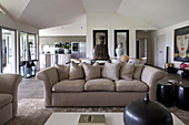 Beige sofa and exotic accessories in open-plan interior