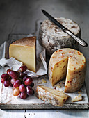 Selection of Pecorino sheep cheeses with red grapes