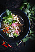 Pho Bo with beef fillets, sprouts, chillies and lime