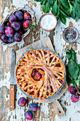 Plum pie with spiral design crust