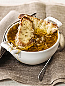 French onion soup with baguette croutons made with Gruyere cheese