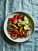 Marinated, oven-roasted vegetables with lime guacamole