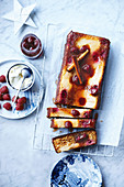 Golden almond, pear and raspberry cake