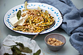 Summer sweetcorn and bean salad with sage and feta cheese