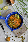 Mashed sweet potato with miso, limes and chives