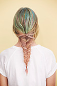 A woman with colourful, plaited hair photographed from the back