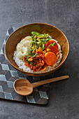 Cod ceviche bowl with kimchi and roasted Brussel sprouts