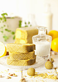 Slices of Pistachio and Lemon Battenberg Cake