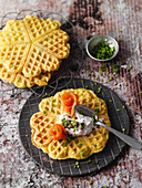 Potato waffles with salmon and a caper dip