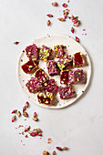 Turkish Delight different taste and colors with rose petals and pistachio nuts