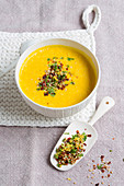 Pumpkin soup with apple and sesame seed and chilli gremolata