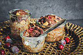 Chocolate crumble cake with cranberries baked in jars