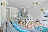 Multifunctional interior in pale grey and pale blue