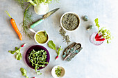 Green Lentil Salad Ingredients on a light blue background