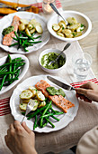 Salmon with salsa verde, potatoes and green beans