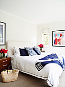 Bright bedroom with blue and red accents