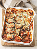 Greek moussaka made with aubergines minced lamb and tomato