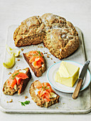 Irish Soda Bread and smoked salmon with butter and squeezed lemon