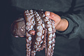 Man holds a raw octopus in his hands