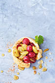 Filo pastry with fried grapes and maple syrup