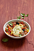 Baked peperonata bowls with tuna and cheese toast