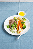 Steamed vegetables with buckwheat and a cream cheese dip
