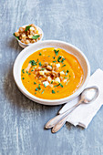 Pumpkin and apple soup with ginger croutons