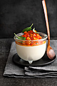 Garlic pannacotta with tomato and apricot confit