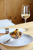 Grilled mushroom salad with pumpkin and crispy croutons