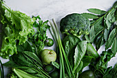 Fresh green vegetables, greens and fruits