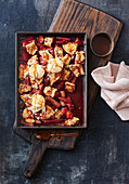 Rustic rhubarb and strawberry tray pie with caramel sauce