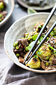 Vegetarian kung pao with Brussels sprouts and mushrooms (China)