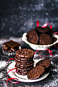 Chocolate chip cookies with a red ribbon