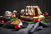 Christmas chestnut and chocolate cake on a tree bark disc